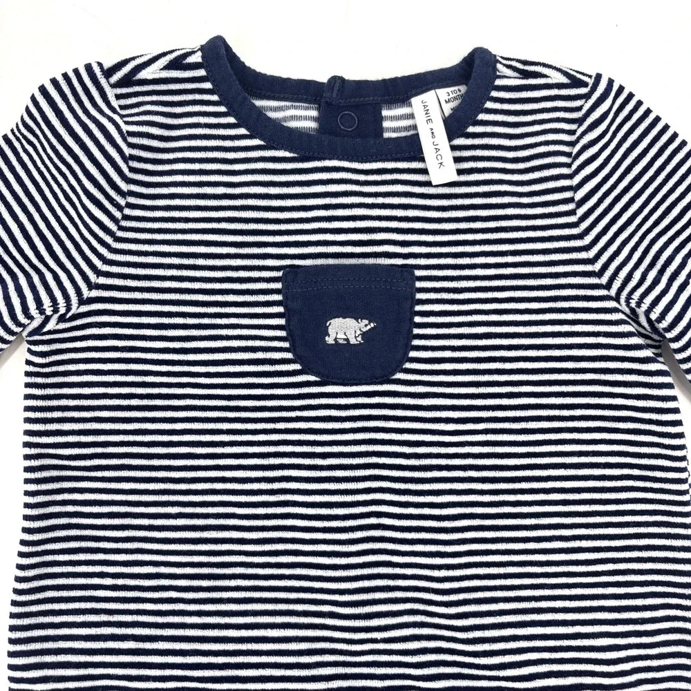 Janie‎ & Jack Velvet Striped One Piece Romper Size 3/6 Months Boys Bear Pocket